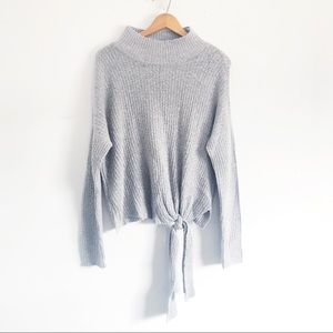 Side Tie Mock Neck Grey Sweater